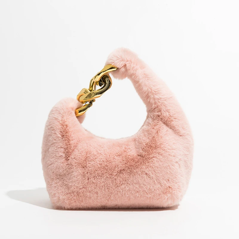 Winter Warm Bag Pink Blue Faux Fur Top Handle Purse Metal Chain Half Moon Design Women Clutch Evening Bag Small Phone Handbag