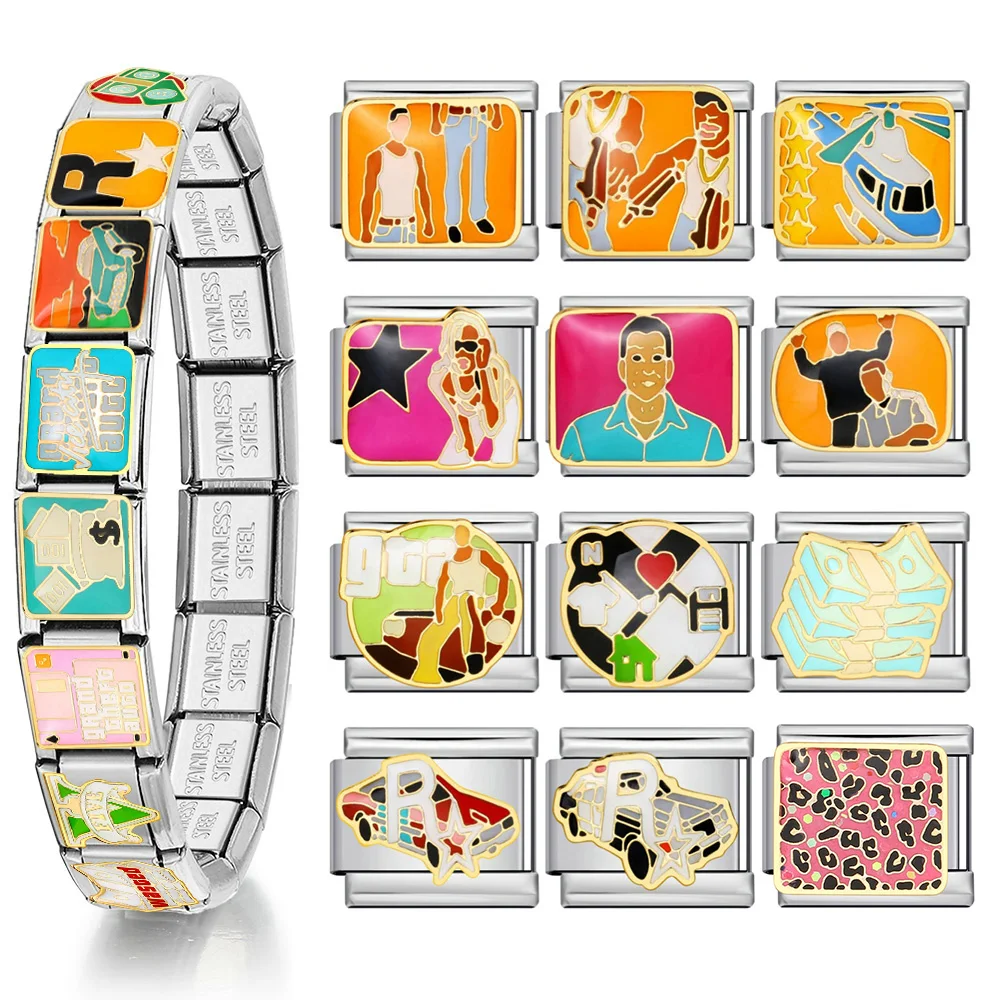 Liens italiens à breloques élastiques en acier inoxydable, bijoux de mode, hélicoptère de sport, argent de voiture, bracelets de bricolage, cadeaux exécutifs, 1PC, 9mm