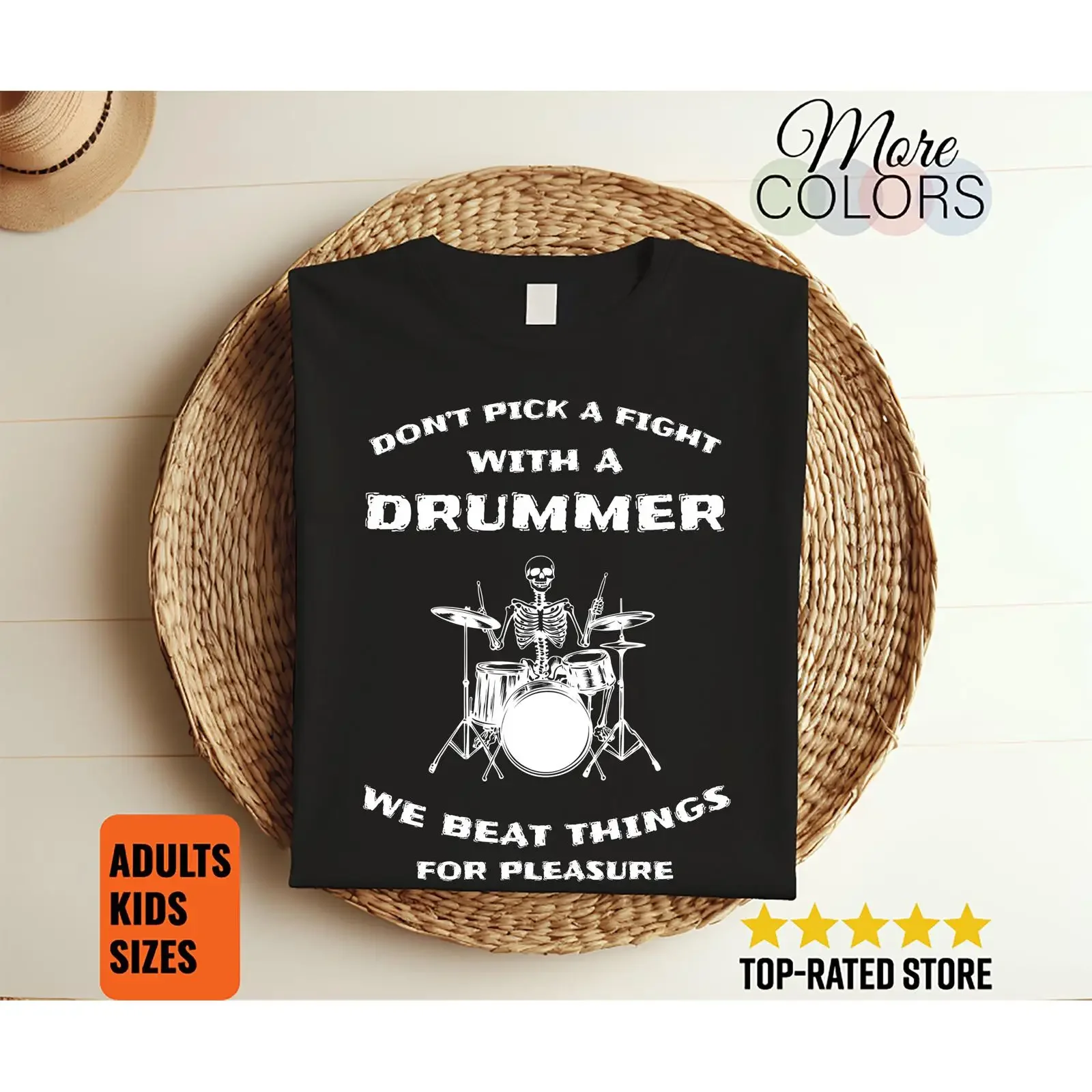 Camiseta divertida de esqueleto para baterista: ¡No te metas en problemas! Humor para músicos de percusión, camiseta vintage ligeramente desgastada.