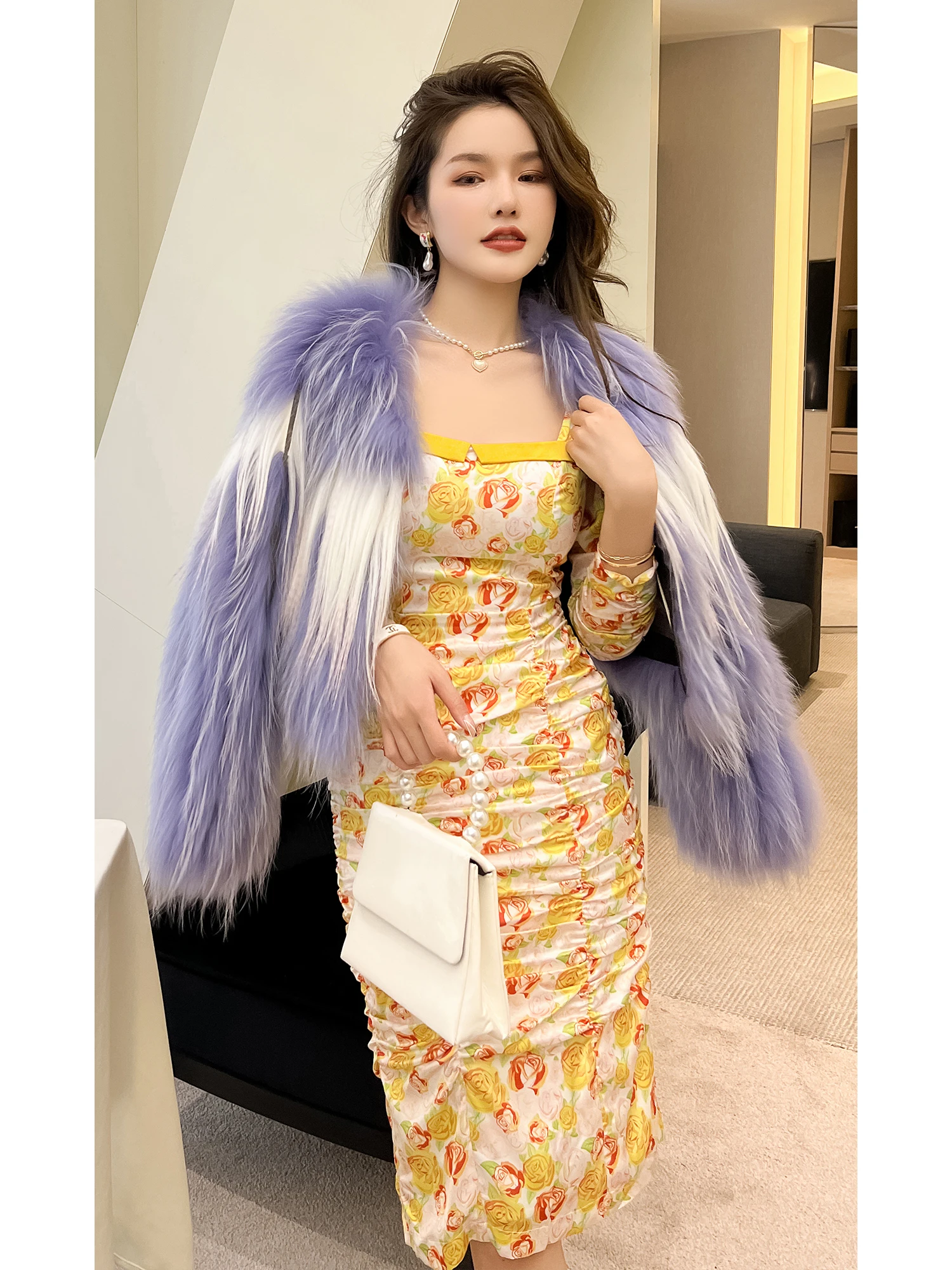 Celebrity temperament rose print slim fit belly-covering dress autumn floral hip-wrapped tea break long dress