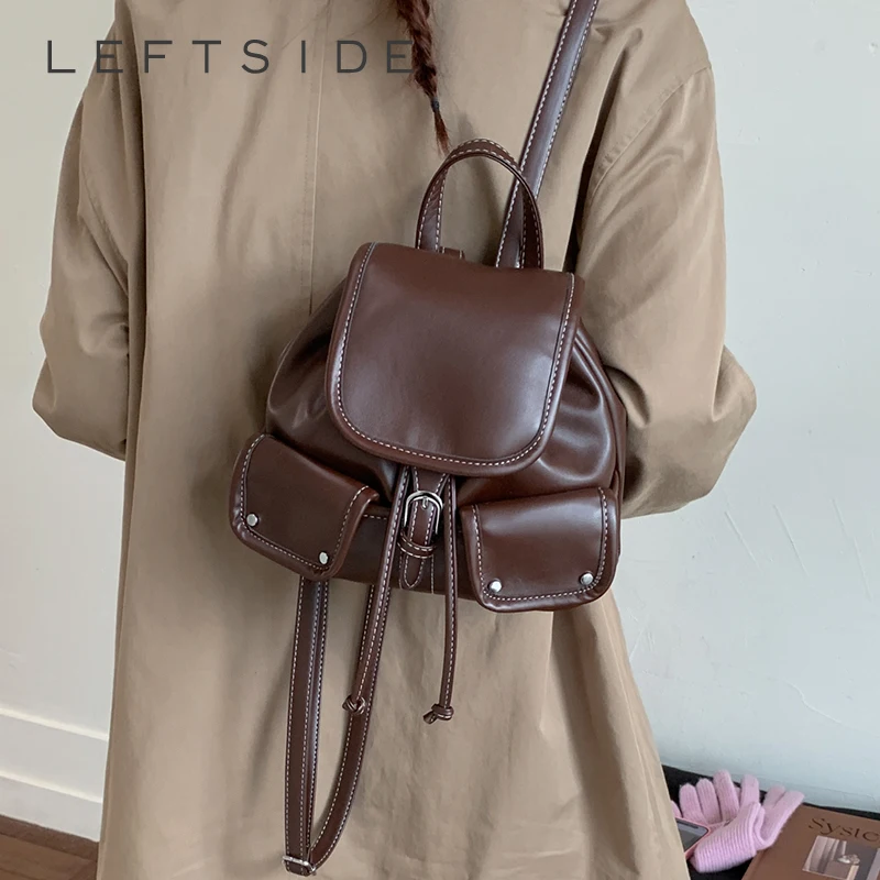 

LEFTSIDE Women Small Pu Leather Double Pockets Backpacks 2025 New Fashion Luxury Designer Female Backpack Student School Bag
