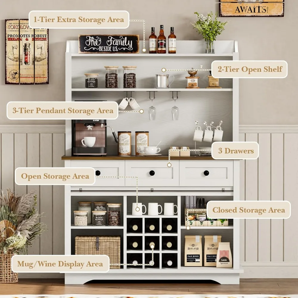 Coffee Bar 3ชั้น Hutch, 47 ''ครัว Coffee Bar 3ลิ้นชักเก็บของ, Coffee bars Station ที่วางแก้ว3อันตู้บาร์ไวน์