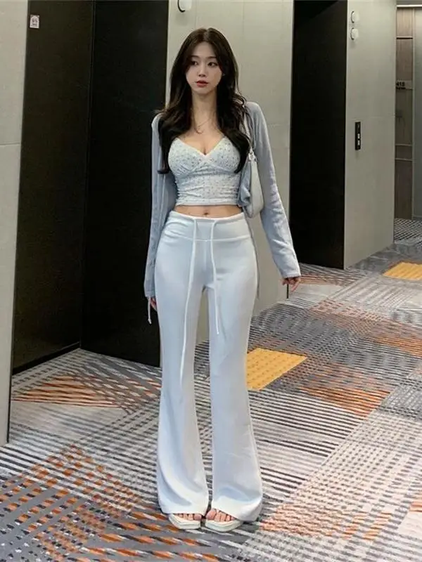 East Gate New Style Women's Slim Fit Casual Pants High Waist Drawstring Micro Flared Comfortable Breathable Cotton Blend