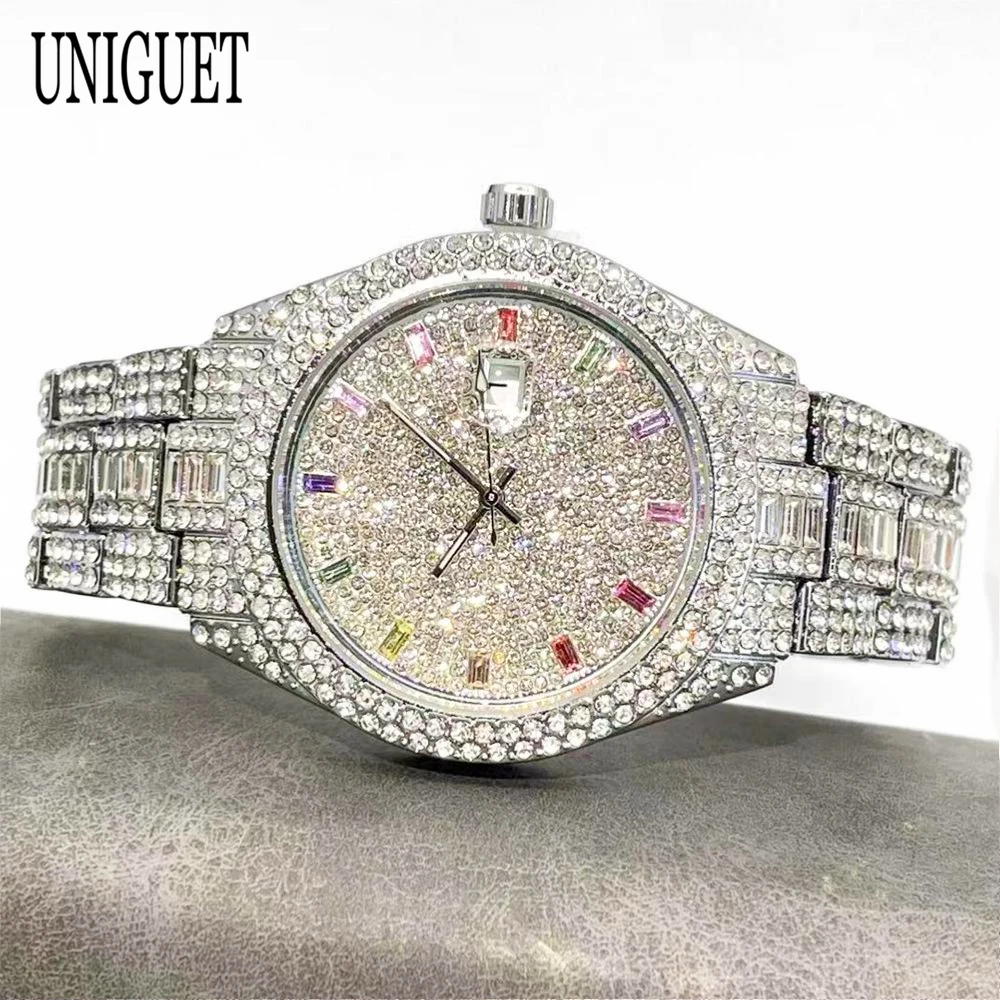 UNIGUET Fashion Ice Watch for Men Luxury Sliver Quartz Clock Hip Hop Color Diamond Jewelry Wristwatch Man Reloj Hombre