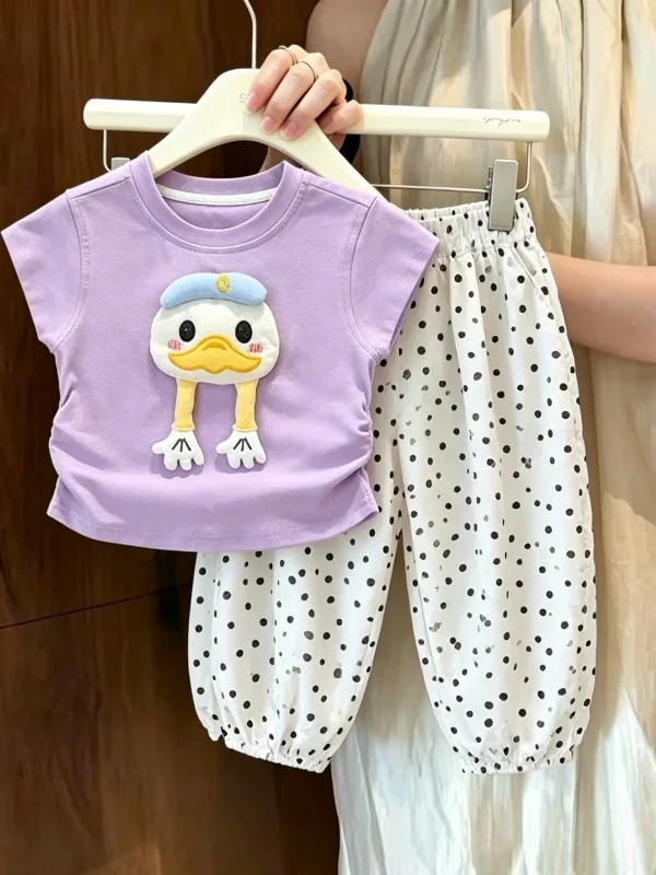 

Girls Cartoon T-Shirt Summer New Style Thin Duck Polka Dot Pants Two-Piece Set Casual Short Sleeve round Neck Kids Outfits