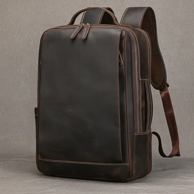 Fashion Crazy Horse Leather Backpack Real Cowskin Laptop Bagpack Computer Man Backpacks For Men Male Daypack Business School Bag