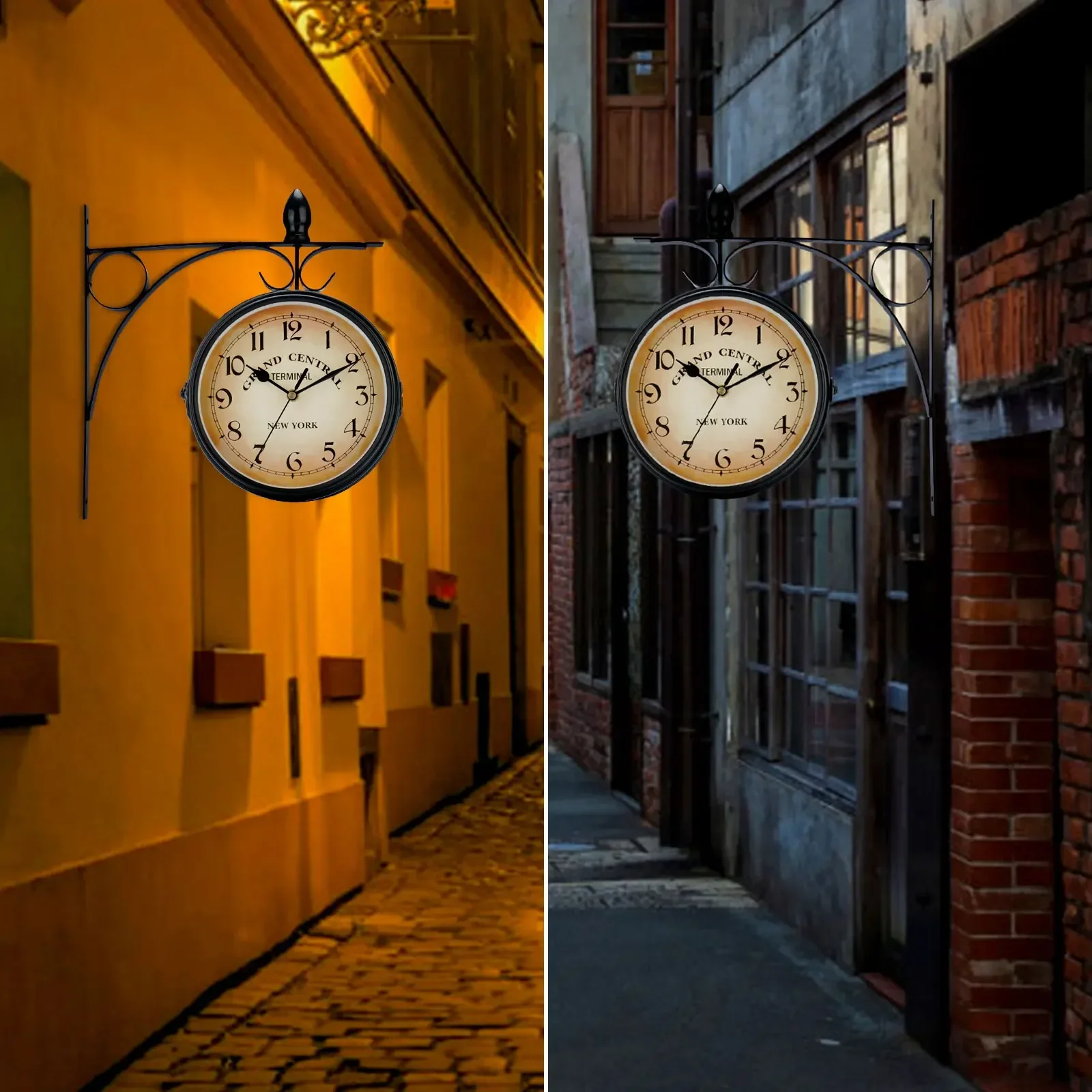 Double Sided Train Station Waterproof Wall Clock for Garden Wrought Retro Iron Metal Wall Clock Silent Indoor Outdoor Decoration