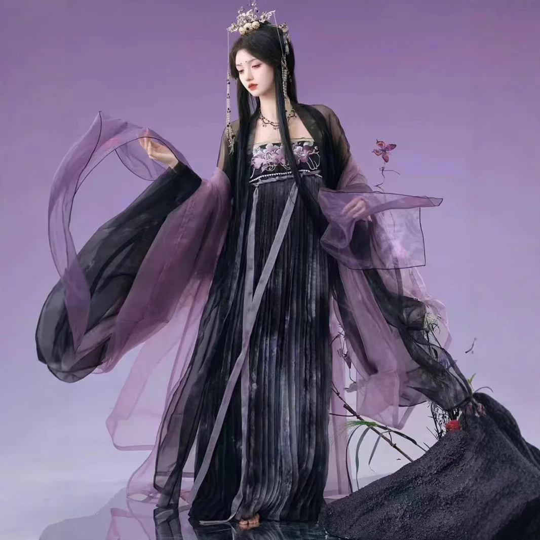 New Hanfu National Style Ceremony Model Double-Born Camellia Embroidered Big Sleeve Black Machine Embroidery Spring and Summer