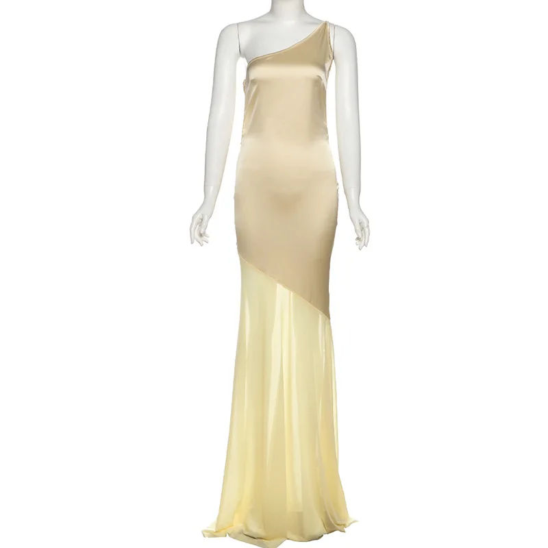 エレガントな非対称ショルダーサテンメッシュパッチワークパーティークラブイブニングドレス女性のセクシーな背中の開いたボディコンホリデービーチウェア