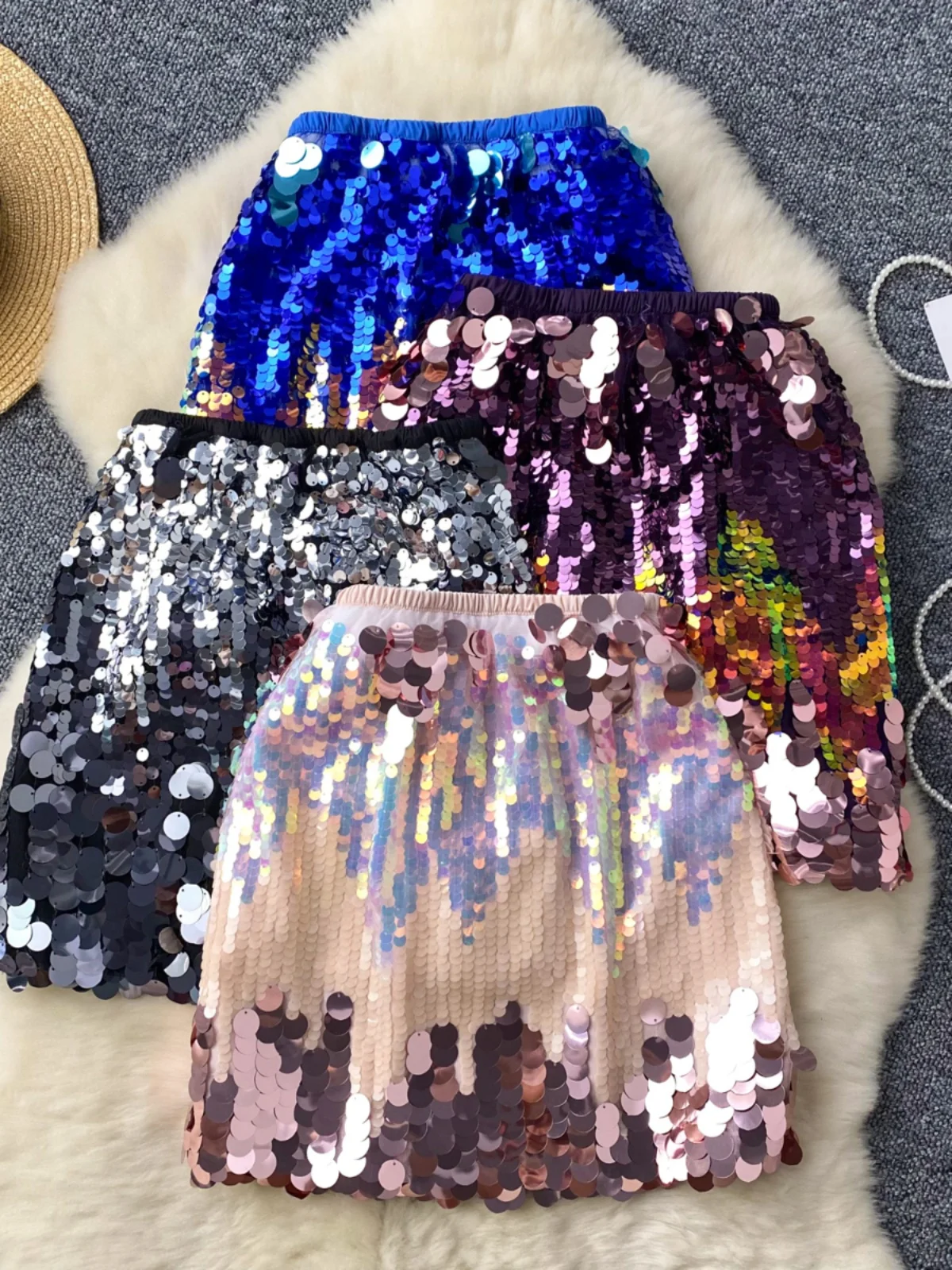 

Sequin High Waist Skirt for Women Dance Performance Sexy Slimming A-Line iny Hot Girl Butt Covering Skirt