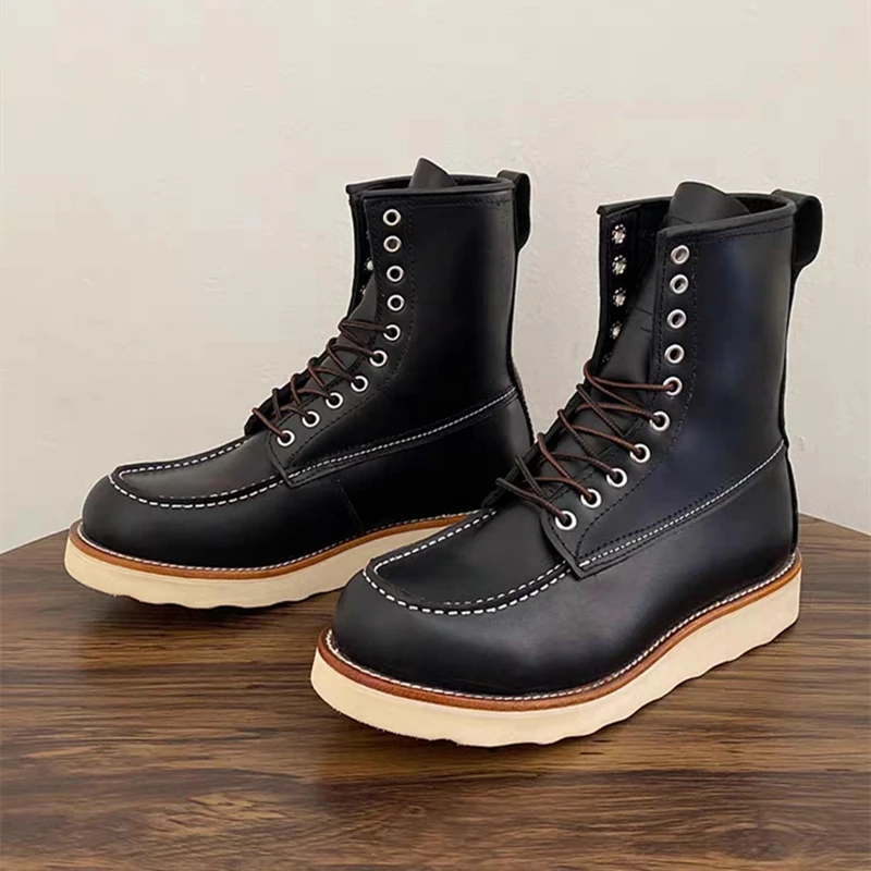 Autumn Winter High Boots British Men Vintage Genuine Leather Shoes Handmade Tooling Mid-calf Outdoor Wings Motorcycle Boots 877