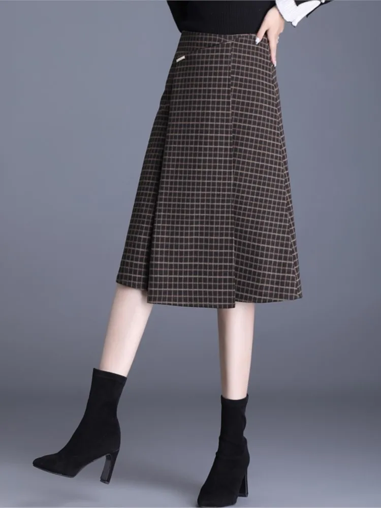 ZUZK Grid High Waist Woollen A-Line Skirt For Women Autumn Winter Lady's Thickened Skirt Office Lady Fashionable Umbrella Skirt