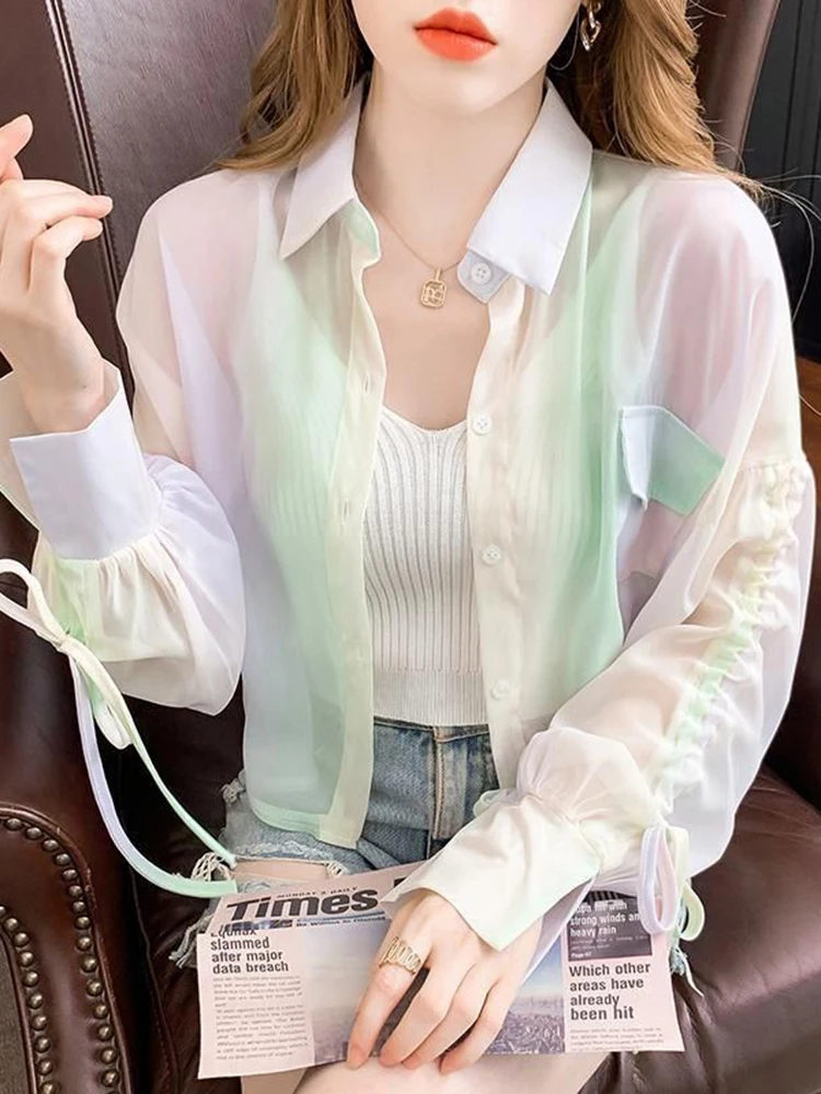 Jmprs Chiffon Women Rainbow Shirts fashion drawstring Sexy Summer Thin Crop Tops Long Sleeve Sun Protection Blouse