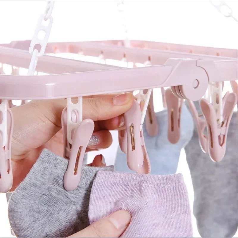 Lastic Folding Clothes Hanger Towels Socks Bras Underwear Drying Rack with 32 Clips Space Saving Closet Organizer Tools