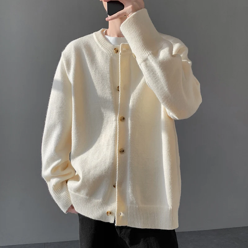 

Мужской шерстяной кардиган в японском стиле с круглым вырезом, однобортный кашемировый свитер, осень-зима, плотный элегантный повседневный трикотаж, свитер