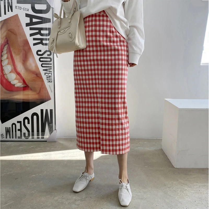 

Юбка миди с высокой талией в клетку, женская, из хлопка и льна, с разрезом, в корейском стиле, для повседневной носки, юбка-карандаш