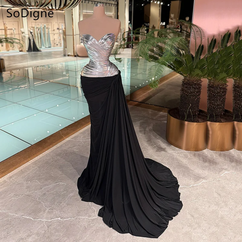 

SoDigne Chic Mermaid Prom Dresses Sexy Strapless Contrast Color Party Dress Floor-Length Ribbons Cocktail Gowns Customized