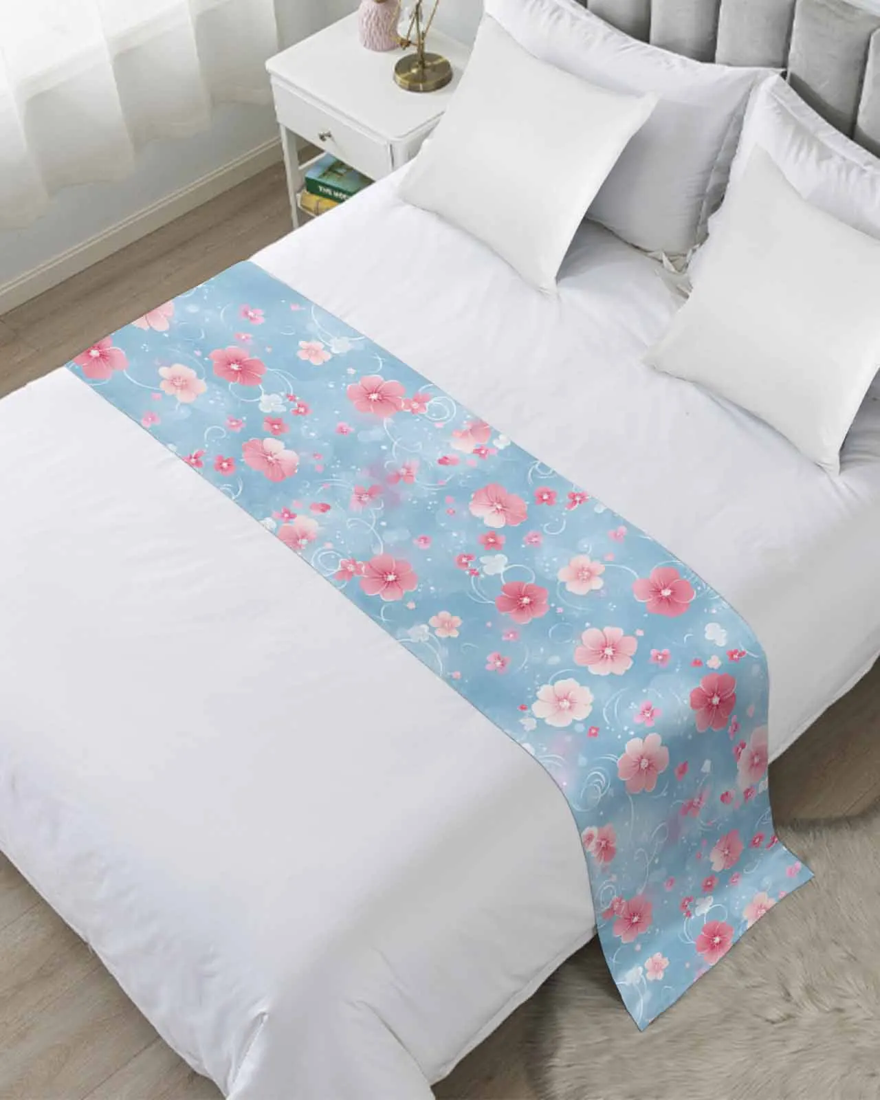 

Pink Peach Blossom Plant Bed Runner Luxury Hotel Bed Tail Scarf Decorative Cloth Home Bedroom