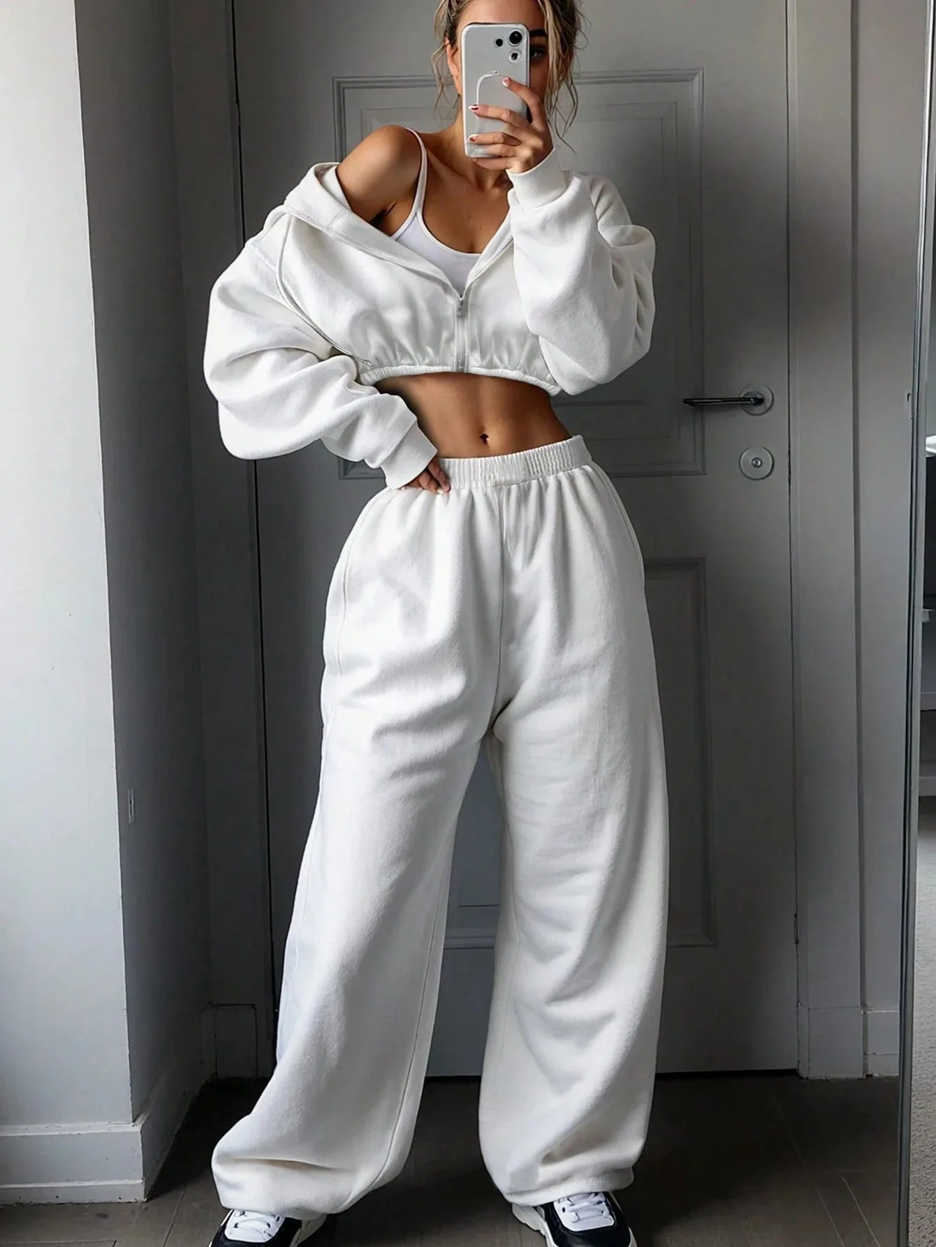 DSMTRC 2025 Autumn Ladies Casual Sport Two Piece Matching Sets Hoodies Crop Top+Sweatpants Pants Suits Black Club Outfits Woman
