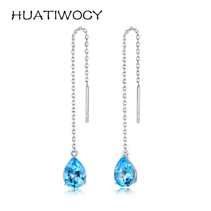 

HUATIWOCY Long Style Drop Earrings for Women 925 Silver Jewelry Water Drop Shape Zircon Gemstone Ornament for Wedding Party Gift