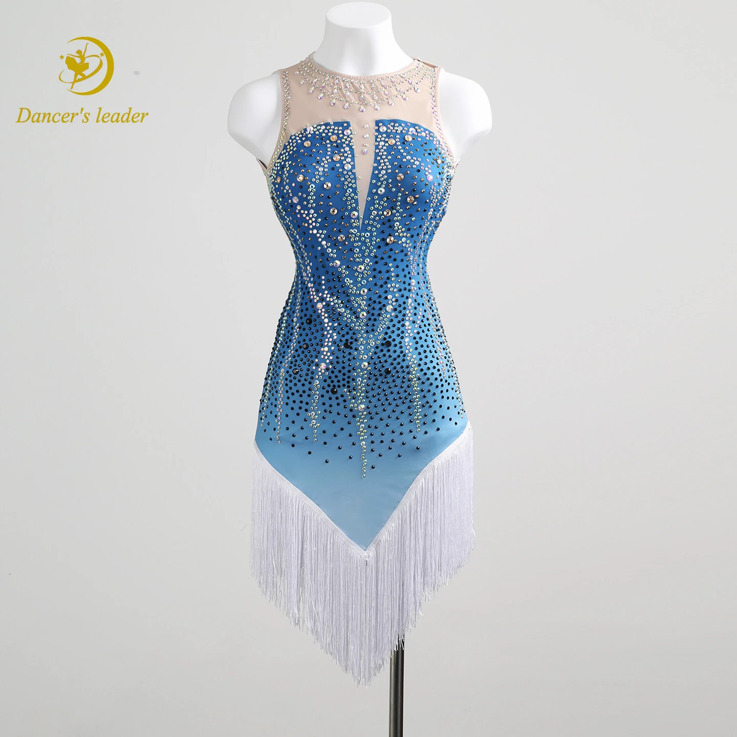 

Latin Dance Adult Children AB Diamond High end Customized Tango Female Professional Ice Blue Gradient Slimming Tassel Dress