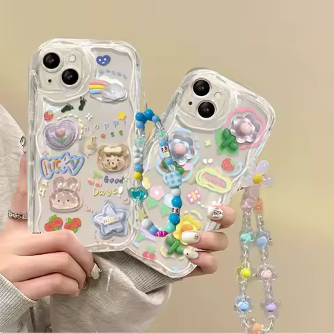 Cartoon 3D Star Bear Flower Wrist Strap Chain Case for Xiaomi 15T Pro POCO M7 X7 F7 Ultra Redmi 15C Note 15 Pro Plus 5G 4G Cover