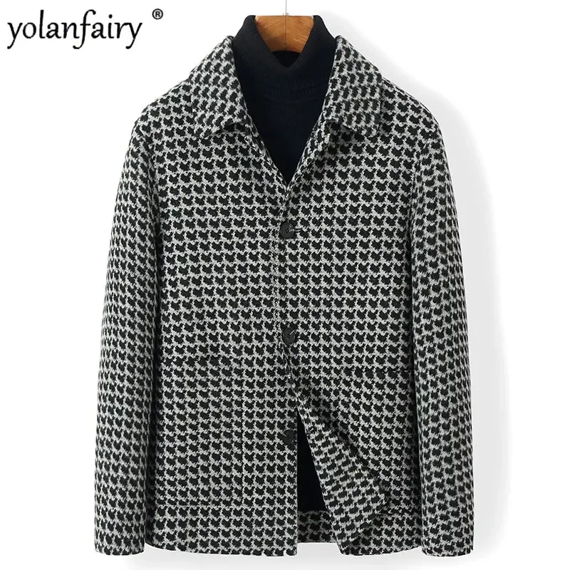 

Autumn Winter Jacke Men Clothing Double-sided 100% Wool Clothes Men's Bird Check Single Breasted Slim Wool Trench Coat Ropa FCY