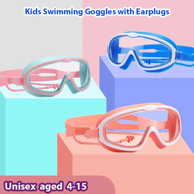 

Kids Swimming Goggles with Earplugs, Anti-fog Big Frame Swim Glasses for Children, Boys Girls Sport Eyewear