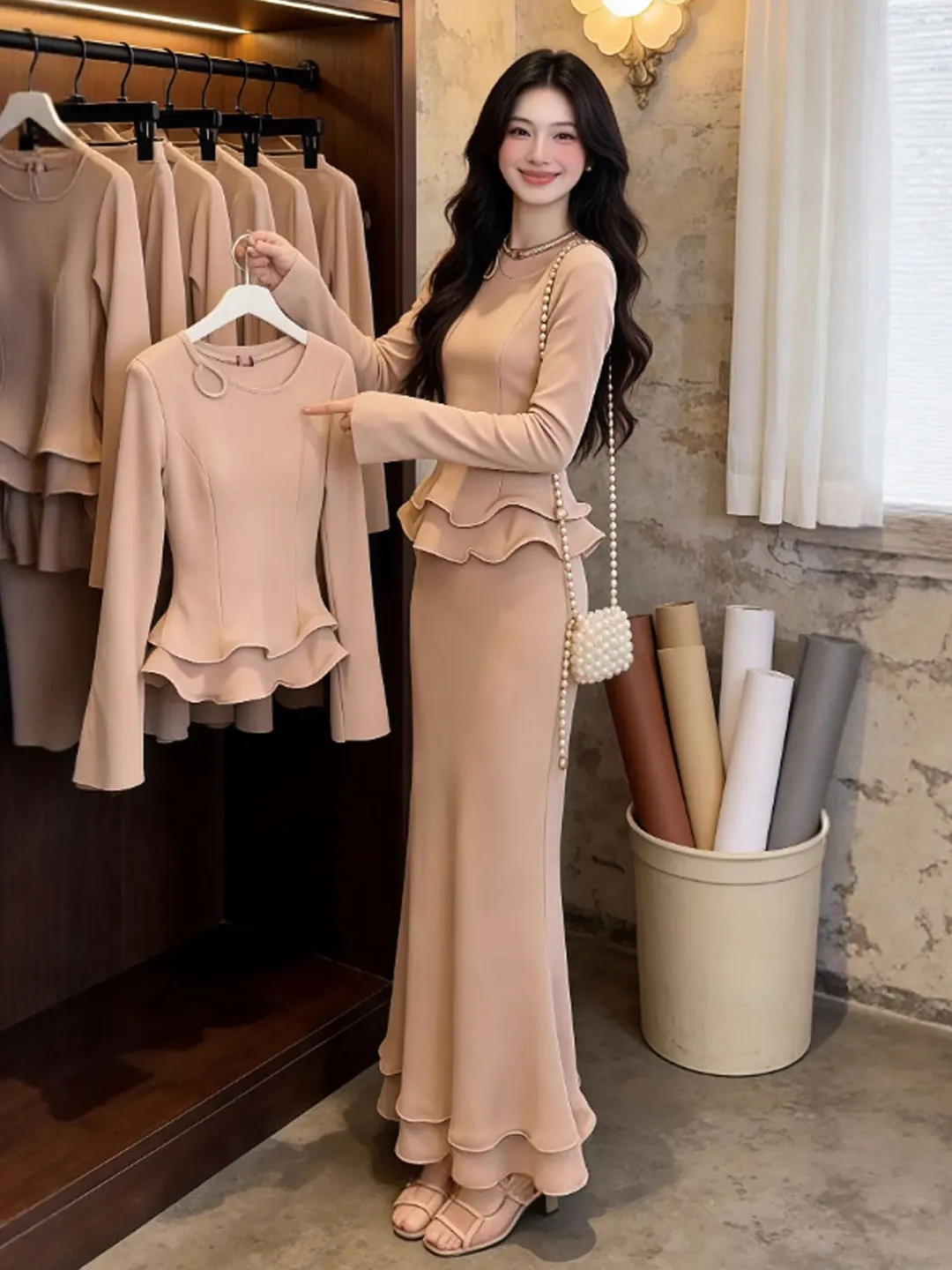 

Gentle Wind Beautiful Top Skirt Two-Piece Set Anti-Aging Whole OOTD Spring 2026 Faion Comfortable Long Sve round Ne Kn...