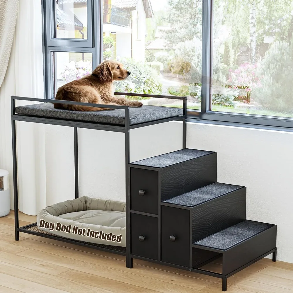 

Pet Bunk Bed with Stairs and Storage, Dogs/Cats Window Perch, Bedside Lounge Elevated Dog Bed Multi-Level Platform with Foam