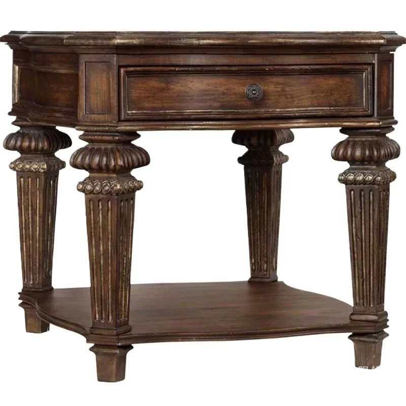 

American solid wood oak living room retro old carved corner few, square phone single draw locker