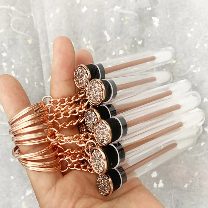 Gold Reusable Eyelash Brush Tube Keychain Plastic Lash Spoolie Container Glitter Cils Mascara Wands Keyring