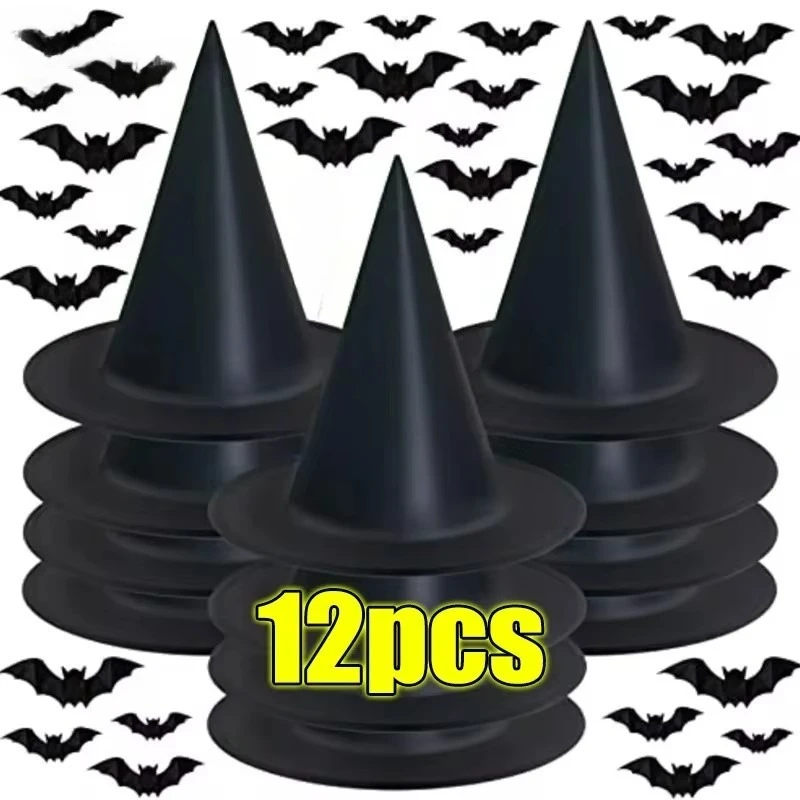 Halloween Black White Wizard Hat Magician Pointed Cap Universal Sturdy Witch Hat Festival Costume Activity Supplies Cosplay Prop