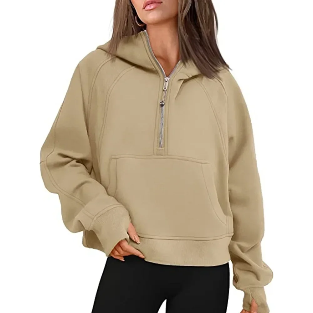 New Autumn Half Zipper Fleece Warm Hoodies Women Solid Casual Loose Short Sweatshirts Thumb Hole Stand Collar Hooded Pullovers