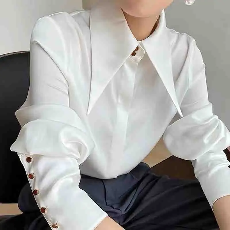 New Fashion Turn Down Collar Women\'s Blouse Button Up Satin Silk Women Shirts White Office Woman Tops Yellow Clothes 16946