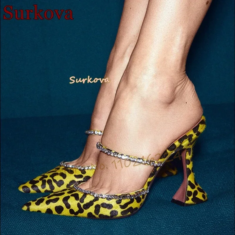 Leopard Rhinestone Hoof Heels Mules Modern Slippers Pointed Toe Shallow Slingback Slippers Dress Party Back Strap Sandals Shoes