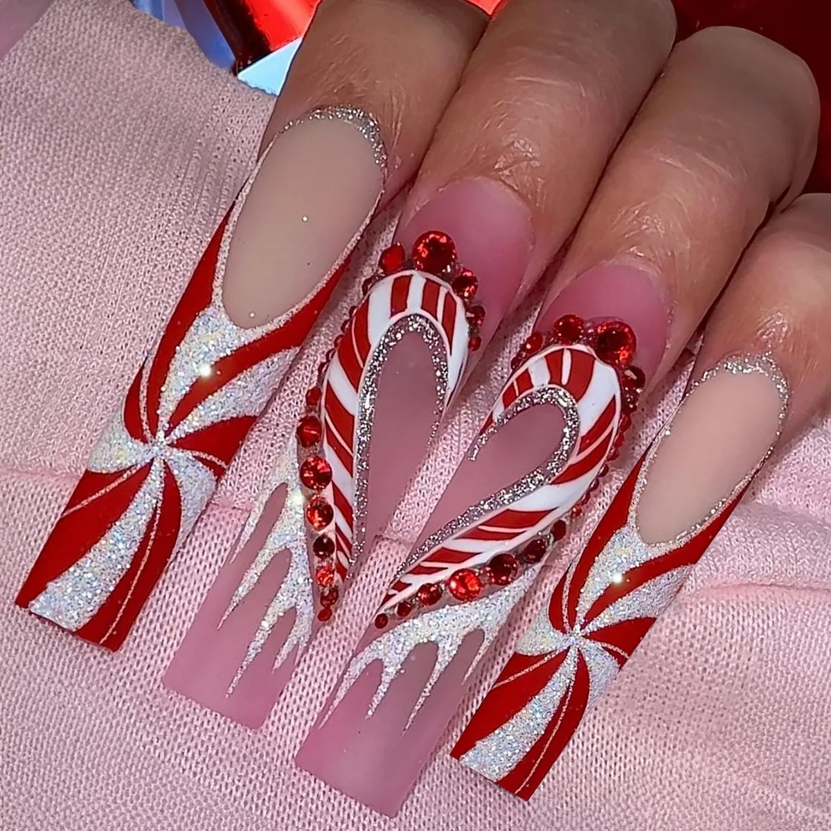 

3D fake nails for Christmas red white printing with heart rhinestones long french coffin tips faux ongles press on false nail