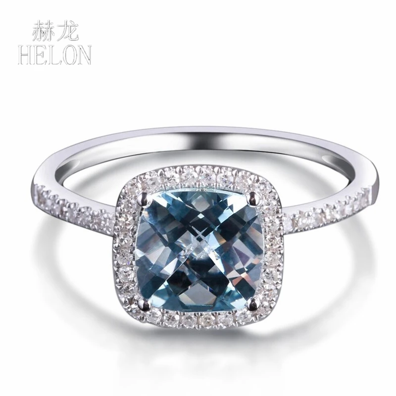 HELON Solid 14K AU585 White Gold Cushion 1.2ct Natural Aquamarine Diamonds Engagement Ring For Women Anniversary Genuine Jewelry