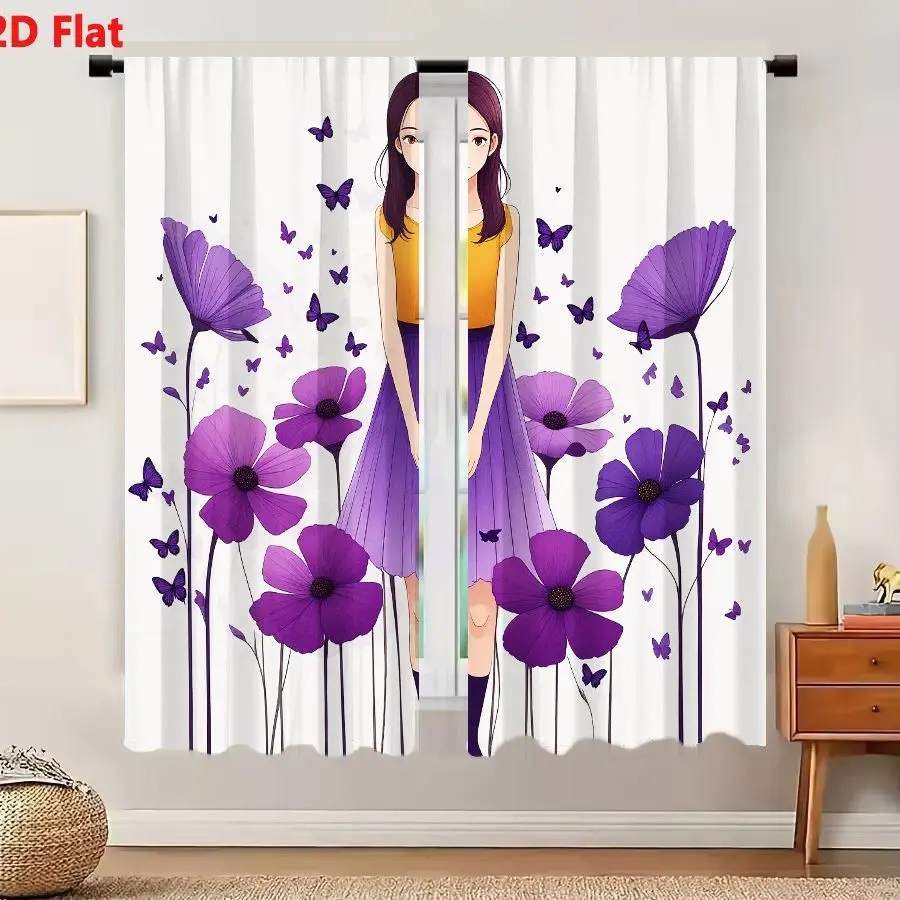 2Pcs Curtains 2D Flat Young Woman Standing Amidst Tall Vibrant Purple Flowers With Dark Purple Centers Long Stems Long Brown Hai
