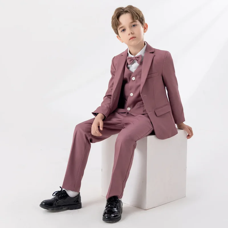 Children White Pink Piano Party Dress Kids Jacket Vest Pants Bowtie 4PS Ceremony Photograph Suit Flower Boys Performance Costume