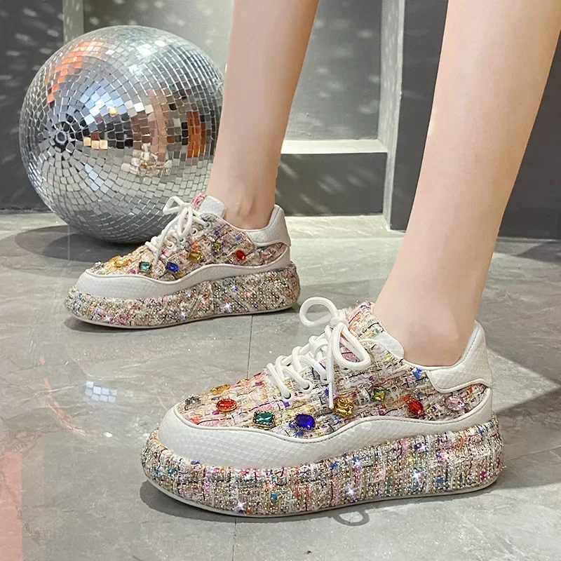 Colorful Handmade Diamond Inlaid Women Board Shoes New Fashion Versatile Rhinestone Thick Sole Sports Shoes Banquet Casual Shoes