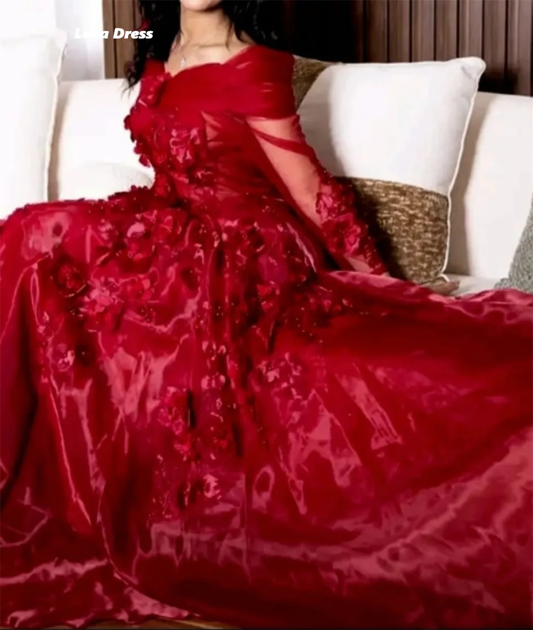 Lena Flowers Very Luxurious Evening Dresses High Quality High Quality Customized Party Dresses Woman 2025 Red Long Sleeves Prom