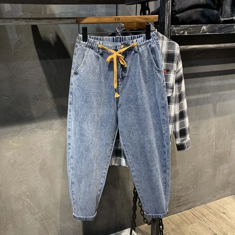 Mens Stretchy Waist Ankle Length Jeans Baggy Tapered Harem Pants Casual All Match Spring Summer Trousers