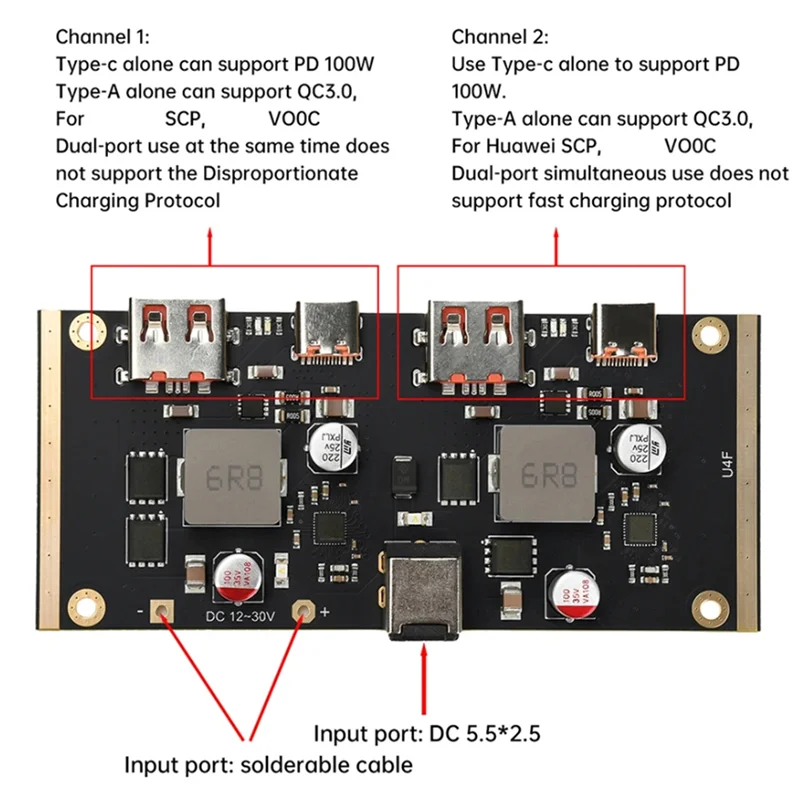 

ABGI-DC 12-30V 100W Lithium Battery Charger Board 5-Port Type-C/USB A 18650 Charging Module PD/QC 2.0 3.0 Mobile Power Bank