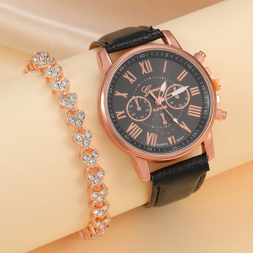 

2PCS/Set Women's Watch Fashion Arabic Dial Leather Band Quartz Watches Gold Heart Bracelet Set