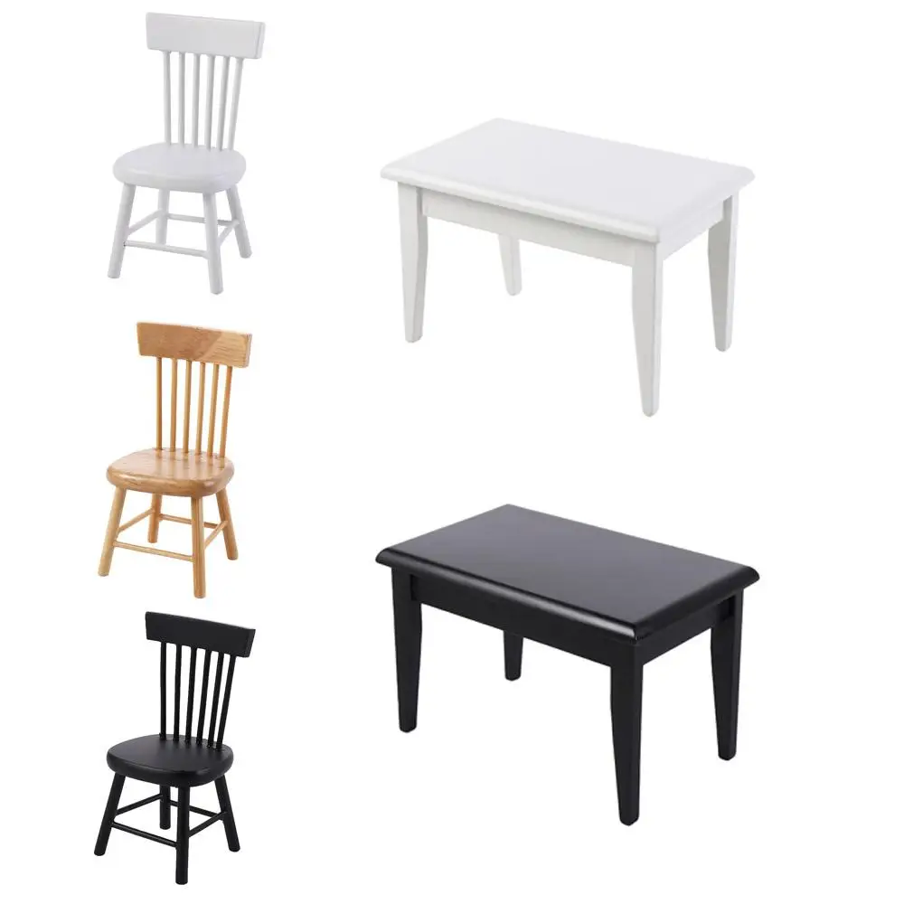 Cute Pretend Play 1:12 Dollhouse Furniture Miniature Wood Dining-table Model Black White Mini Chairs Doll House Accessories