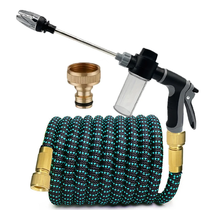 100FT erweiterbares Wasserschlauch-Set mit Schaumkanone und ergonomischer Sprühpistole mit langem Auslauf, einziehbarer flexibler Schlauch für Gartenarbeit, Waschen