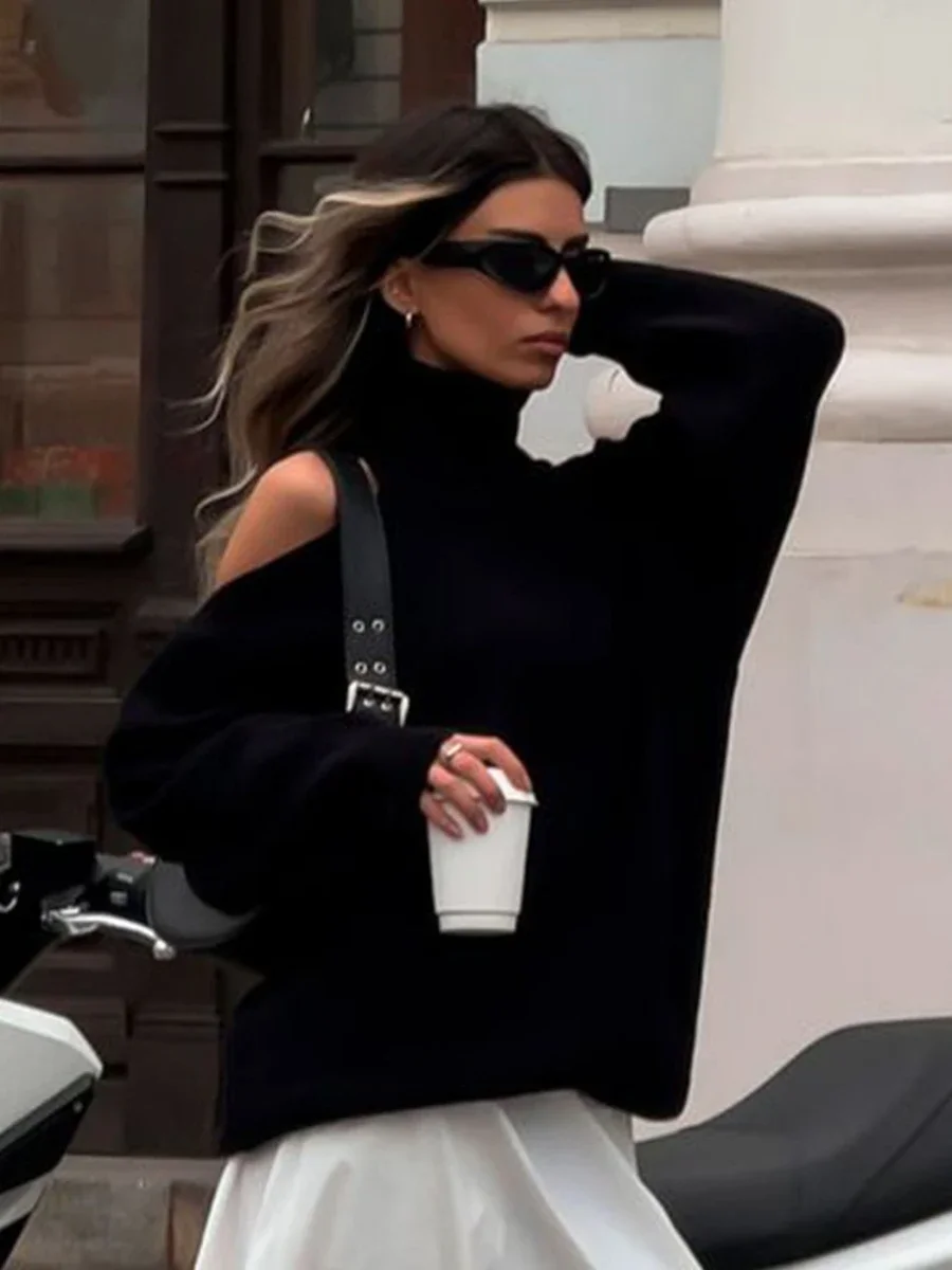 Yaminiya 2025 модный женский новый вязаный свитер с высоким воротом и открытыми плечами, однотонный пуловер с длинными рукавами, топ на осень/зиму