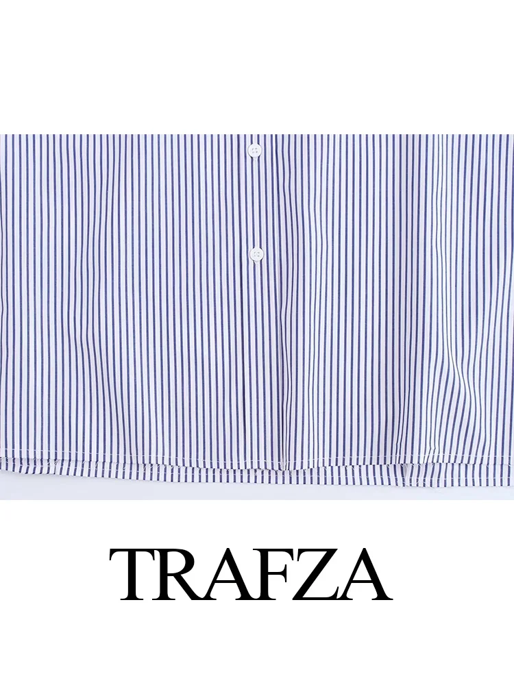 TRAFZA, blusas a la moda de otoño para mujer, camisa a rayas de manga larga con cuello vuelto, camisas empalmadas con puños de un solo pecho para mujer