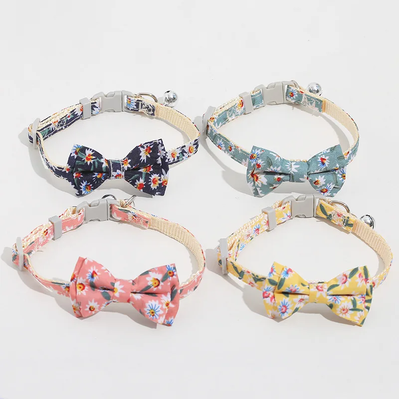 

cute adjustable Pet Breakaway Cat Collar Bow cat tie Daisy pattern bow cat pet collar Bell For Cats